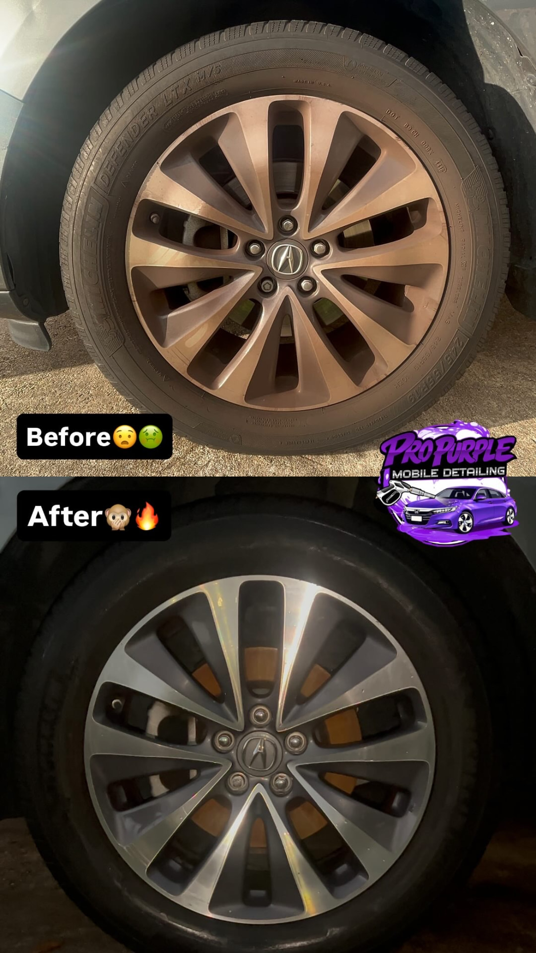 Before and after of a brake-dust covered Acura wheel deep cleaned by Pro Purple Mobile Detailing near Kenner, LA