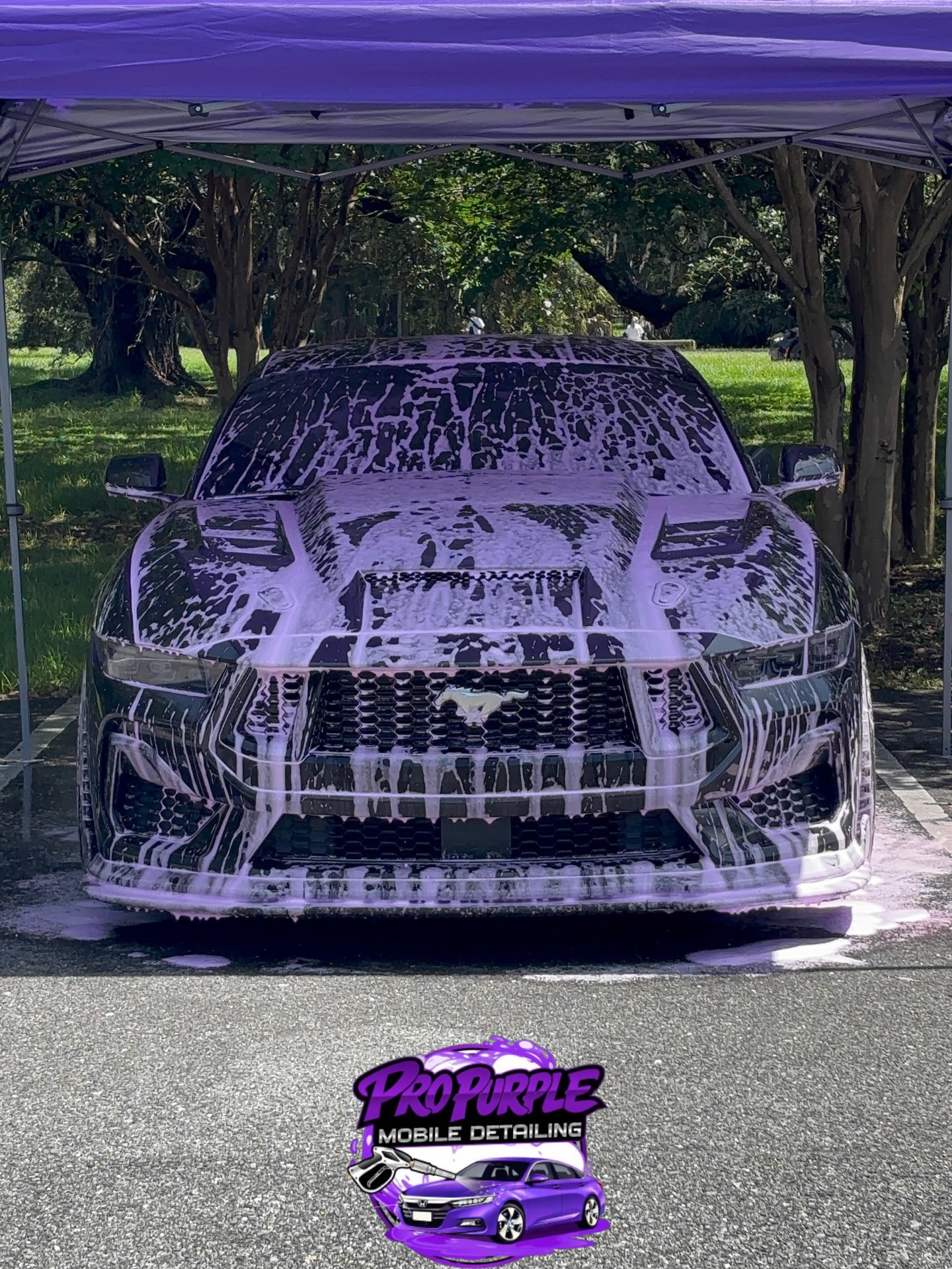 Ford Mustang GT covered in purple snow foam during a mobile car detail in New Orleans, Louisiana